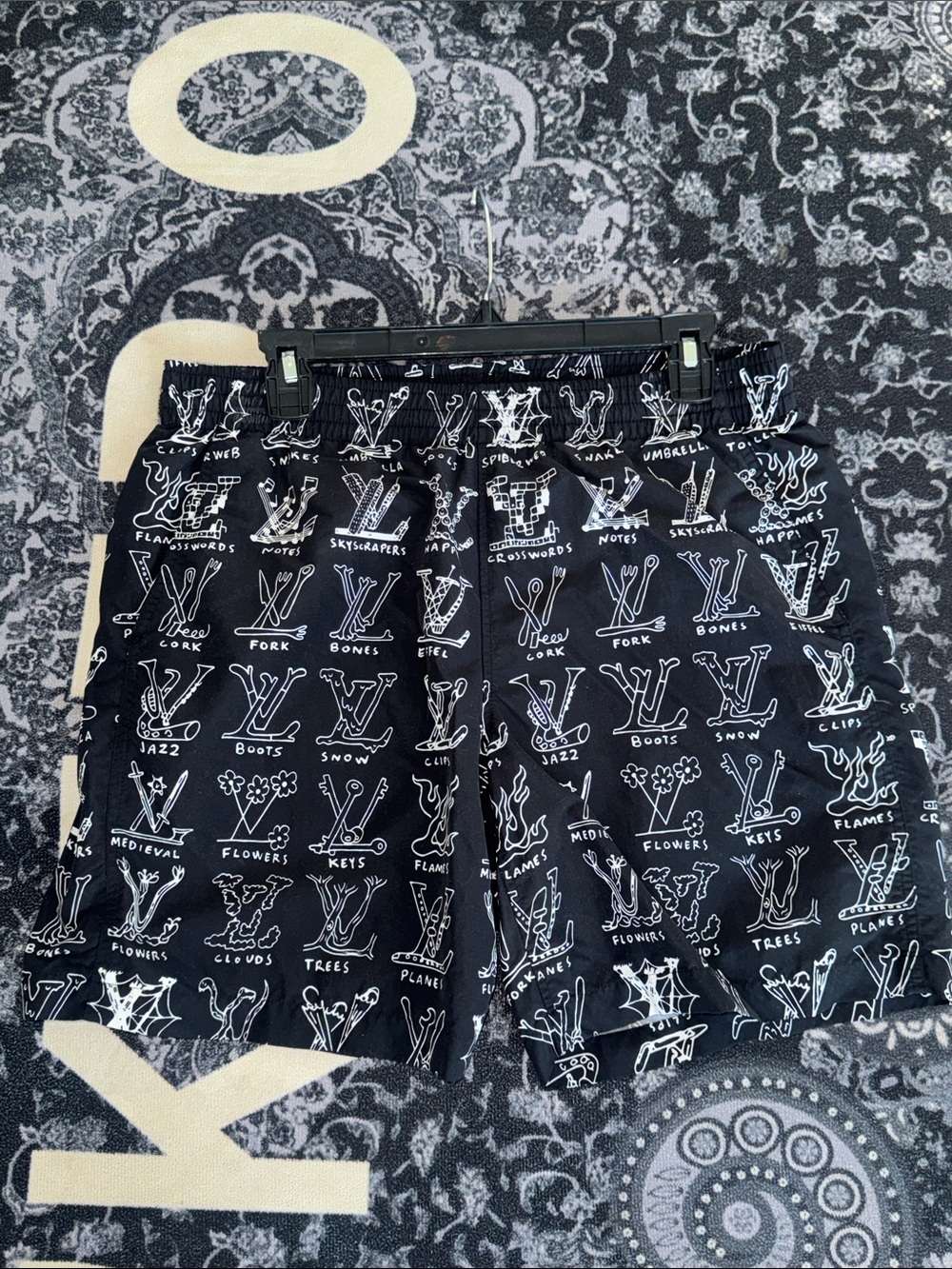 Louis Vuitton Black Shorts with White LV Motif Print